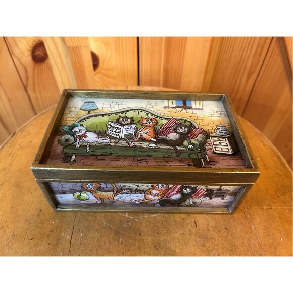Vintage wood and painted glass Trinket Box Cats made in Peru (8784) - Picture 1 of 8